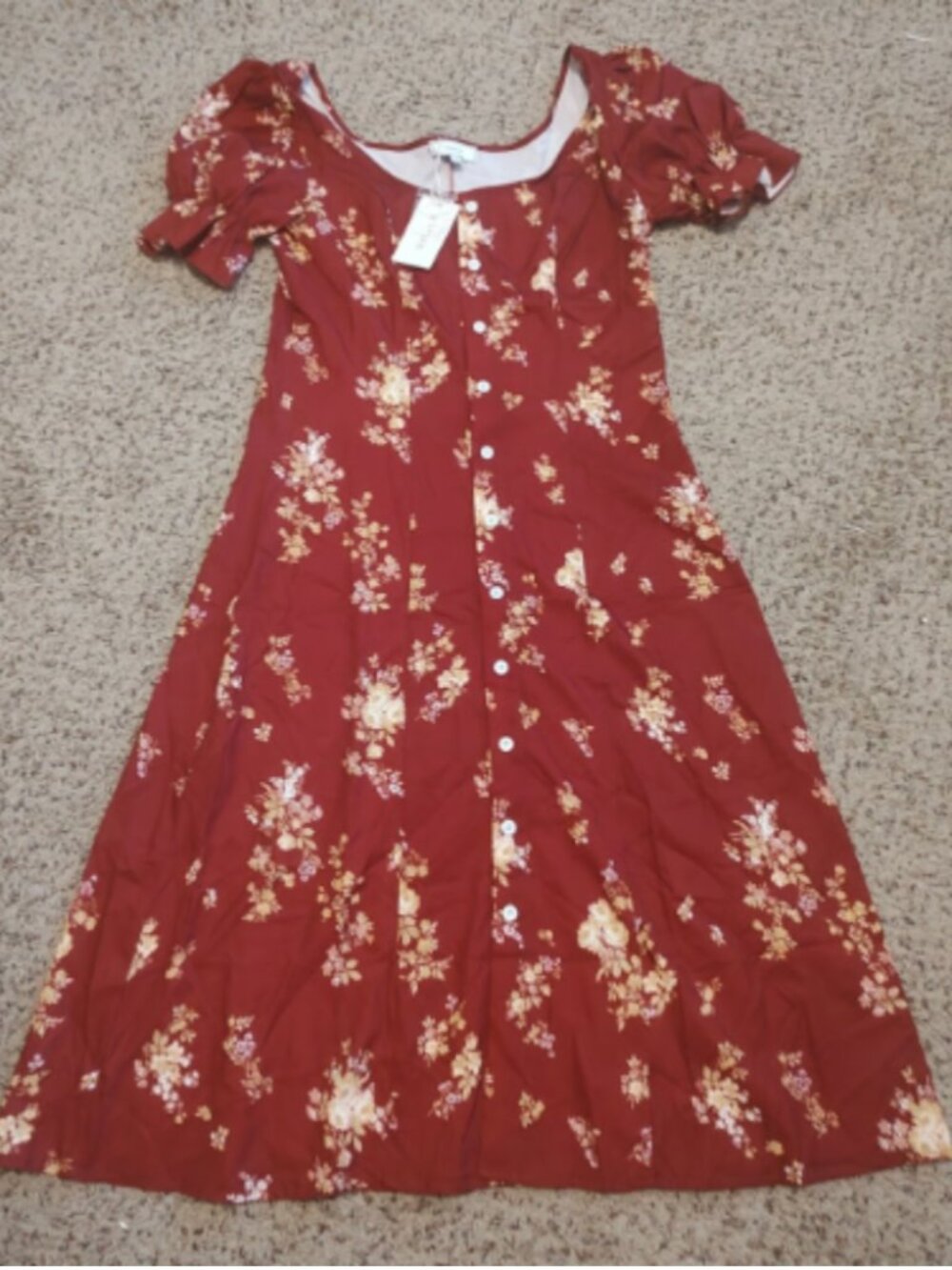 NWT Rihoas Burgundy Floral Puff Sleeve Midi Dress
